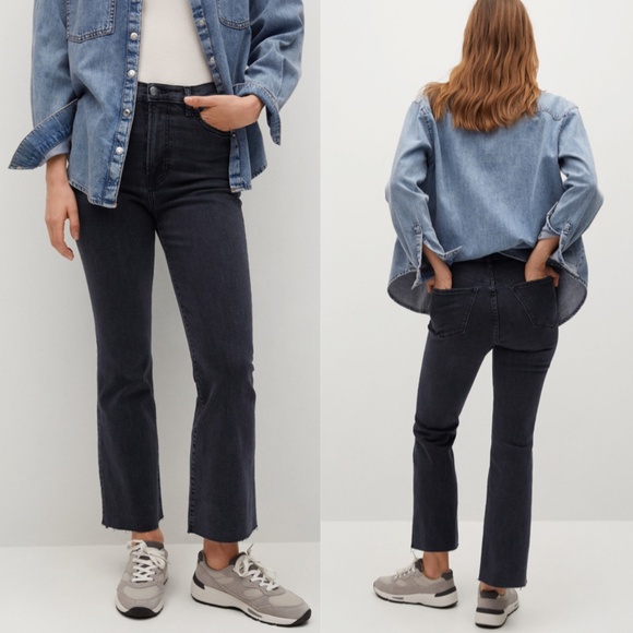 MANGO Jeans Sienna Dark Grey Cropped Flared Raw Hem with Pockets - Picture 1 of 15